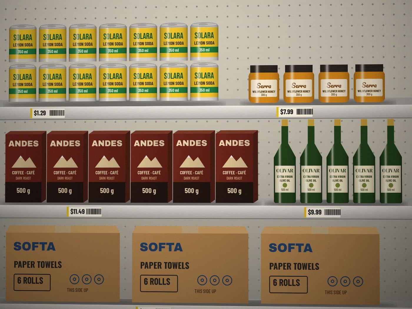 Sample store shelf with lemon soda cans, honey jars, coffee boxes, olive oil bottles and paper towel cases